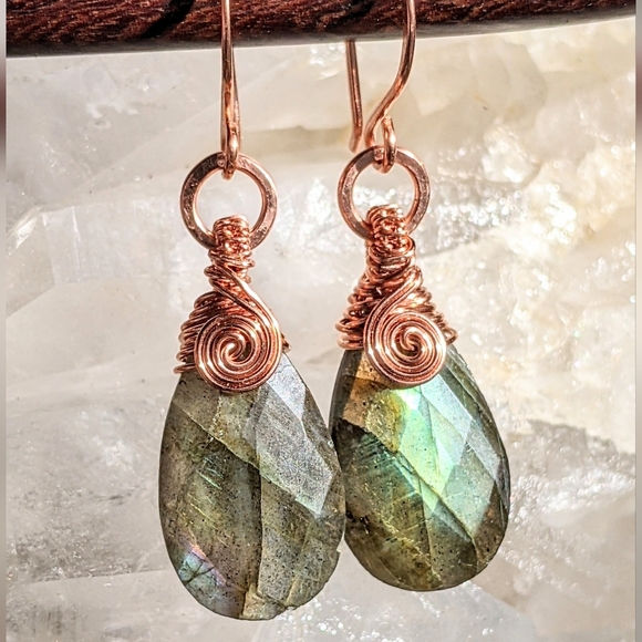 Labradorite Gemstone Earrings Bohemian Style Hand Wrapped In Pure Copper - Picture 9 of 16